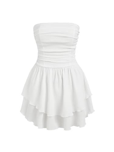 CIDER Women's Summer Cocktail Dress - Tube Ruched Ruffle Mini Dress