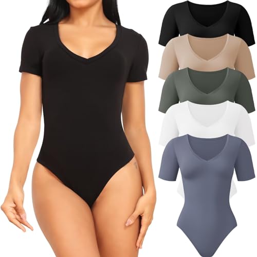 CE' CERDR 5 Pack Bodysuits for Women Short Sleeve Deep V Neck Tops T-shirt Bodysuit Casual Outfits