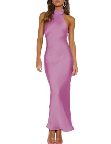 Phicia Sexy Satin Halter Neck Backless Maxi Dress for Women Elegant Tie Cowl Back Formal Wedding Guest Dress for Summer