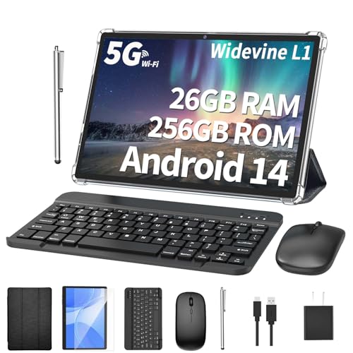 Android Tablet with Keyboard, 26GB RAM, 256GB ROM(1TB Expand), 10.1 inch Android 14 Tablet, 8000mAh Battery, BT 5.0, GMS Certified, 2.4G&5G WiFi, 2 in 1 Tablets with Mouse, Case, Stylus(Black)