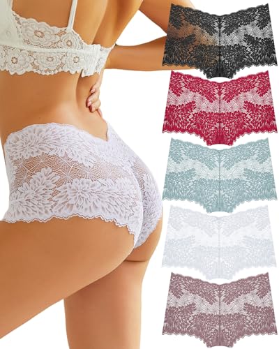 ALL OF ME Women Underwear Sexy Lace Boy Shorts V-Waist Lightweight Seamless Soft Cheeky Panties 5 Pack