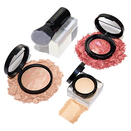LAURA GELLER NEW YORK Daily Routine Kit (4 PC): Balance-N-Brighten Foundation, Porcelain, Retractable Kabuki Brush, Blush-N-Brighten, Tropic Hues, Original Baked Highlighter French Vanilla