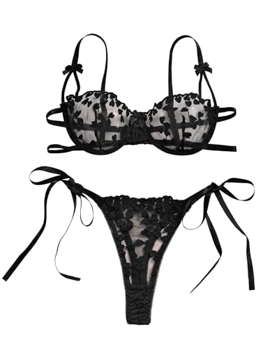 Lilosy Sexy Tie Side Cute Underwire Push Up Strappy Embroidered Mesh Sheer Lingerie Set