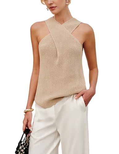 Yeokou Women Halter Cross Over Collar Tank Knit Sleeveless Top Solid Color Casual Summer Blouse