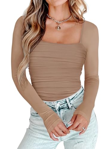 PINKMSTYLE Womens Square Neck Mesh Long Sleeve Bodysuit Shapewear Corset Tops Sexy Concert Outfits Party Shirts