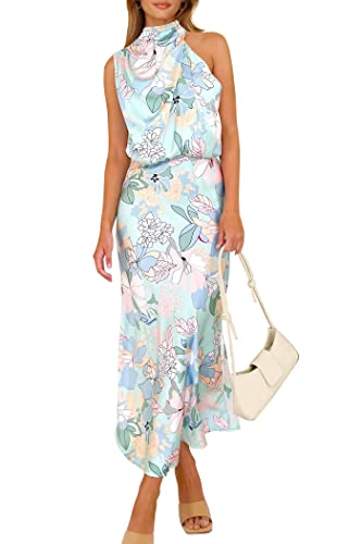 PRETTYGARDEN Women's 2025 Summer Satin Dress Elegant Sleeveless Mock Neck Cocktail Party Maxi Dresses