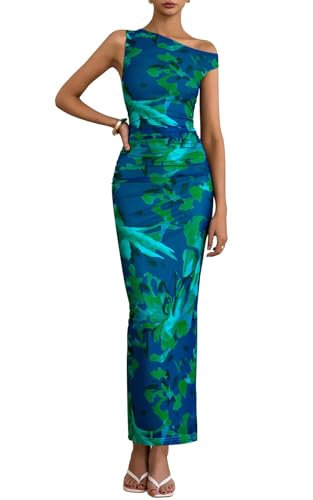 PRETTYGARDEN Women's 2025 Summer Floral One Shoulder Maxi Dress Wedding Guest Ruched Mesh Bodycon Long Cocktail Dresses
