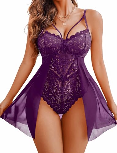 Avidlove Babydoll Lingerie for Women Floral Snap Crotch Teddy Chemise Nightie Lace Nightgown