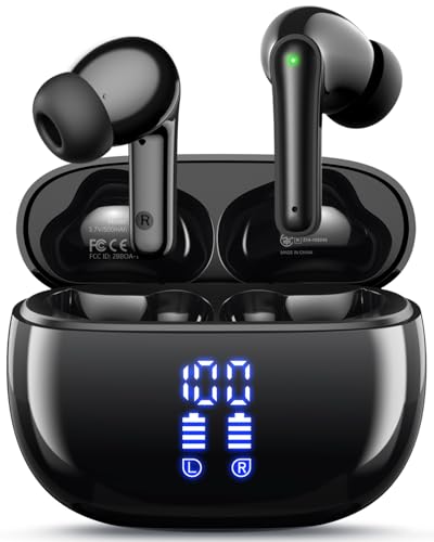 Wireless Earbuds, Bluetooth Ear Buds Headphones, 40H Long Playtime, Stereo Deep Bass, LED Power Display, IPX7, Lightweight in Ear Earphone with Mic for iPhone Android Phone