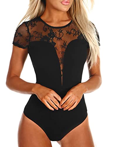 Lrady Women's Sheer Mesh Turtleneck Neck See Through Leotard Bodysuit Body Tops