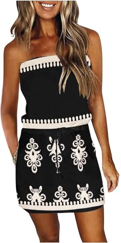 SAUKOLE Summer Dress for Women Strapless Beach Cover Ups Boho Sundress Mini Dress Drawstring Waist with Pockets