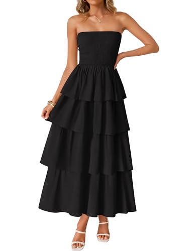ZESICA Women??s Summer Boho Strapless Maxi Dress 2025 Casual Sleeveless Off Shoulder Smocked Tiered Beach Long Sundress