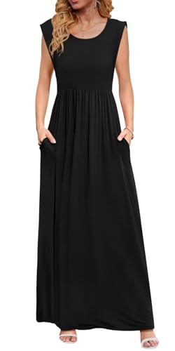 DB MOON Womens 2025 Maxi Dresses Empire Waist Long Summer Dress Casual Cap Short Sleeve Sundress with Pockets