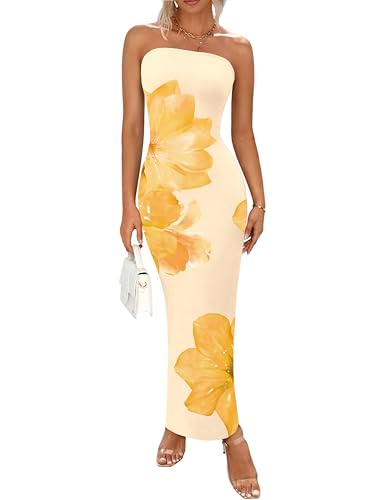 PRETTYGARDEN Women Summer Strapless Maxi Dress Bodycon Floral Sexy Long Wedding Guest Dress Formal Tube Mesh Cocktail Dresses