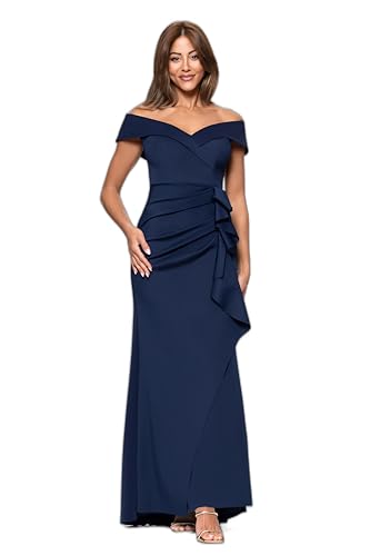 Xscape Women's Long Off Shoulder Sweetheart Neck Side Ruffle Gown (Reg and Petite)