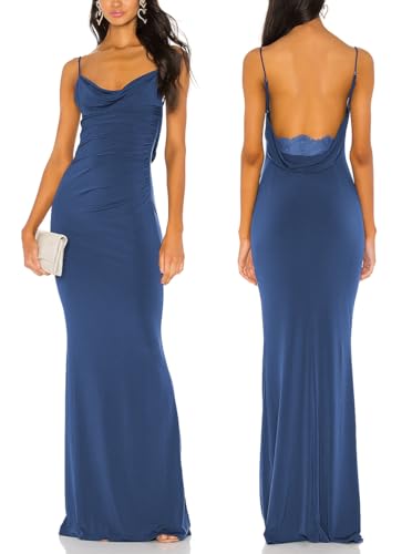 Aigeman Women Spaghetti Straps Mermaid Evening Gown Wedding Guest Dress Drape Neck Lace Backless Formal Maxi Dress 21