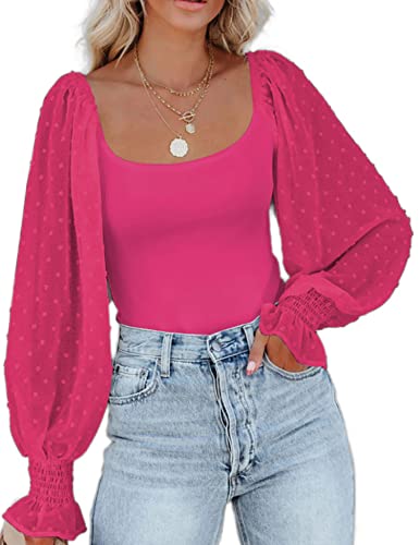 Zeagoo Women's Square Neck Puff Long Sleeve Bodysuit Off Shoulder Leotard Sheer Polka Dot Sleeve Top