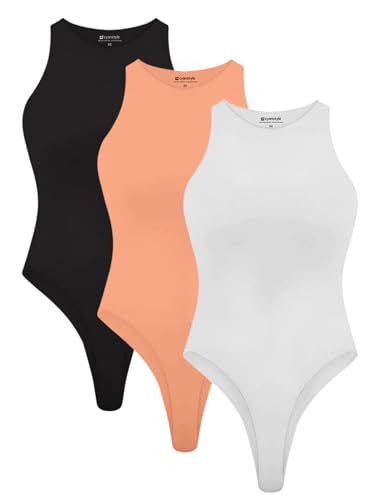 Cyanstyle Womens 3 Piece Bodysuits Sexy Sleeveless Racer Back High Neck Double Lined Bodysuit Tank Tops