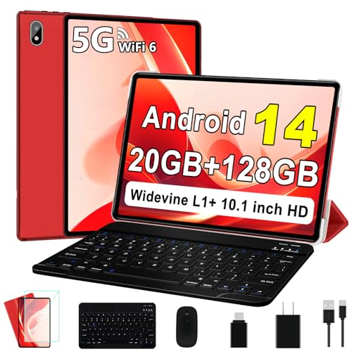 Android 14 Tablet 10 Inch Tablets, 20GB+128GB/1TB Expandable, Tablets with Octa-Core, WiFi 6, Dual Camera, BT 5.0, 6000mAh Battery, HD IPS Display, Widevine L1, Tablet with Keyboard Mouse - Red