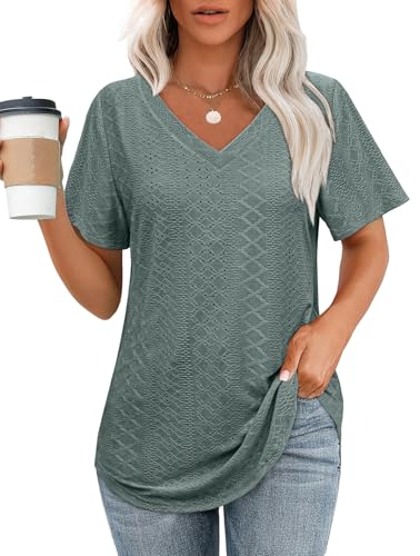 OFEEFAN Womens T Shirts V Neck Short Sleeve Casual Tops Loose Fit Basic Tees with Curved Hem