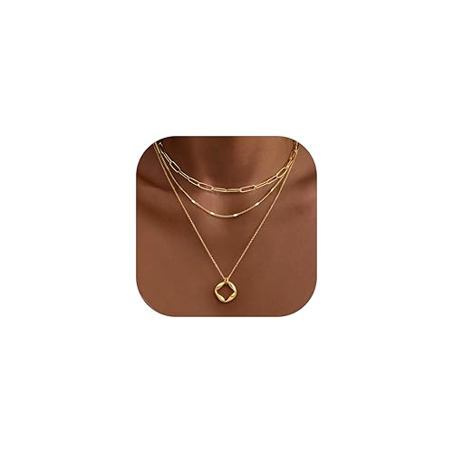 Layered Gold Necklaces for Women,Stackable Dainty 14K Gold Silver Plated Trendy Circle Paperclip Chain Pendant Choker Necklace,Simpl Diamond Cross Bow Jewelry Set Gifts for Women