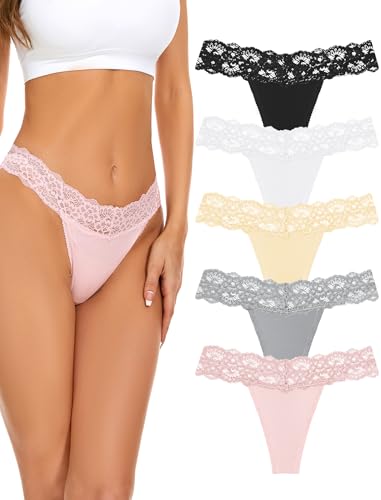 voenxe Seamless Thong for Women,No Show Lace Underwear,Ladies Breathable Comfort Panties Soft Laser Cut Undies,Tanga,5-Pack