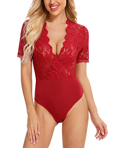 Gladiolus Women Lace Bodysuit Sexy Deep V Snap Crotch Clubwear Short Sleeve Tops S-XXXL