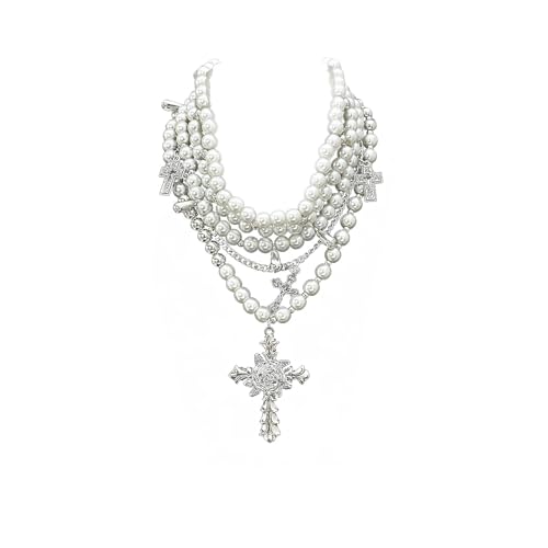 Layered Pearl Necklace Gothic Cross Pearl Stacked Necklace for Women