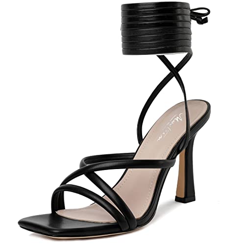 Mostrin Womens Sandals Strappy Heels for Women Lace Up Square Open Toe Heels Tie Up High Heeled Sandals for Prom, Party, Daily Wear