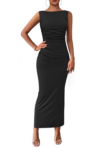 PRETTYGARDEN Women's 2025 Summer Semi Formal Midi Dresses Sleeveless Ruched Bodycon Long Elegant Cocktail Wedding Guest Dress