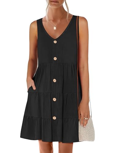 ANRABESS Womens Summer Beach Vacation Dresses V Neck Sleeveless Casual Button Down A Line Swing Mini Sundresses with Pockets
