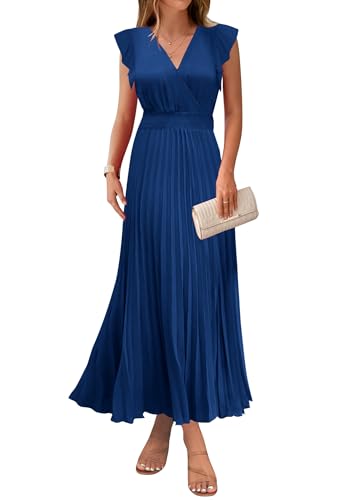 KIRUNDO Women's Summer Maxi Dresses Elegant V Neck Ruffle Flutter Sleeves Empire Waist Pleated Flowy Wedding Guest Dress