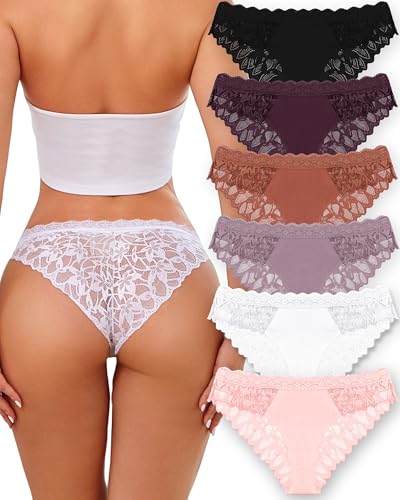 ROSYCORAL Sexy Underwear for Women Lace Cheeky Soft Hipster Low Rise Breathable Undies Cotton Bikini Panties 6 Pack