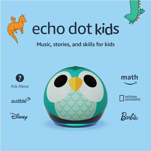 Amazon Echo Dot Kids with Alexa (newest model), Designed for kids, with parental controls, Includes 1 Year of Amazon Kids+, Owl