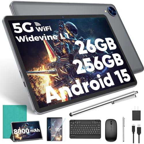 Android 15 Tablet with Keyboard, 26GB RAM, 256GB ROM(2TB Expand), 10.1 inch Octa-Core Tablets, 5G/2.4G WiFi, 8000mAh Battery, BT 5.0, GMS Certified, with Mouse, Case, Stylus, Split screen(Green)