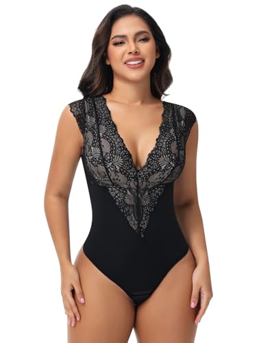 SHAPERIN Sexy Lace Bodysuit for Women Tummy Control Thong Shapewear Deep V Neck Body Suits Corset Tops Going Out Tank Top