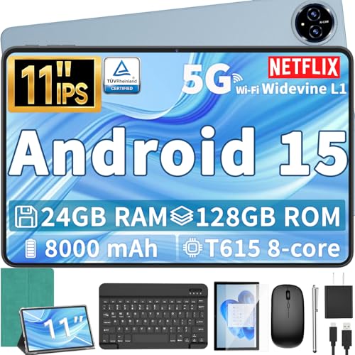 Android 15 Tablet, 11 inch Tablet with Keyboard, 24GB+128GB, 1TB Expand, Octa-Core, 2.4G/5G WiFi, 8000mAh, BT V5.0, GMS Certified, IPS Touch Screen, GPS, 2 in 1 with Case, Mouse, Stylus(Green)