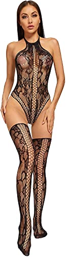 Women's Sexy Fishnet Lingerie Sets Halter Lace Teddy Bodysuits Babydoll Tops+Lace Sheer Thigh High Stockings