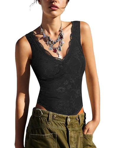 SAUNGKUAI Women's Double Lined Lace Sleeveless Bodysuit Sexy Deep V Neck Body Suits Slim Fit Leotards Tops