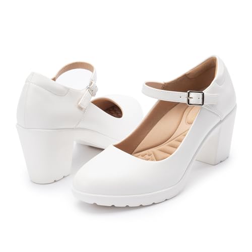 Mary Jane Heels with Arch Support, Closed Round Toe Chunky Pumps for Women, Comfortable Block Heel Dress Shoes