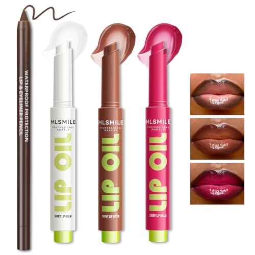 Moisturizing Solid Lip Gloss Jelly Lipstick, 3Color Lip Oil Lip Plumper with Dark Brown Lip Liner Combo, Glossy Lightweight Pigmented Non Sticky Tinted Lip Click Balm Makeup Gift Set for Women