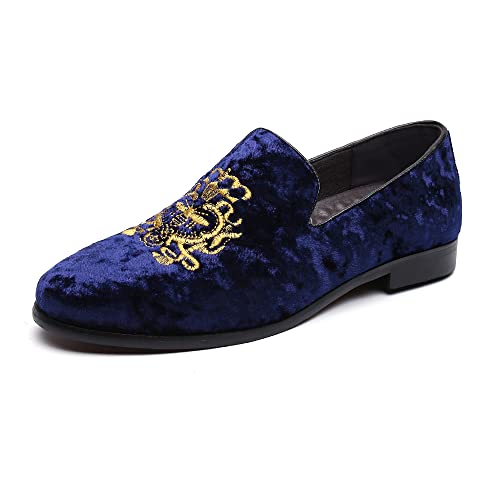 FLQL Men's Luxury Velvet Penny Loafers Shoes Embroidery Suede Dress Loafers Daily Boats Shoes for Party Wedding Prom Size 7-13
