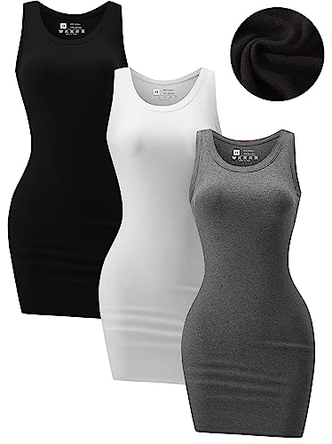 3 Piece Womens Summer Ribbed Tank Dress Scoop Neck Sleeveless Tank Top Dresses Basic Bodycon Mini Dress