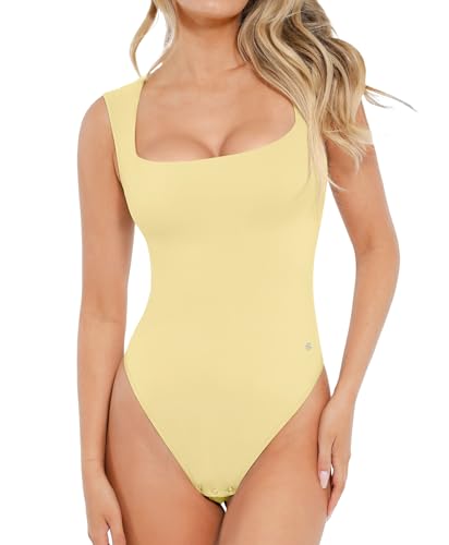Popilush Bodysuits for Women - Sleeveless Square Neck Thong Bodysuit Tummy Control Going Out Double Lined Tops