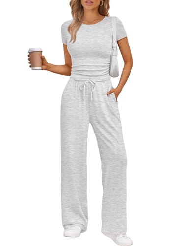 Trendy Queen 2 Piece Matching Summer Sweatsuit Lounge Set Womens Wide Leg Pants Side Ruching Crop Top Sets