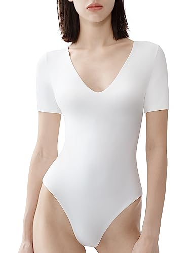 PUMIEY Women's V Neck Short Sleeve Bodysuit Sexy Tops Sharp Collection