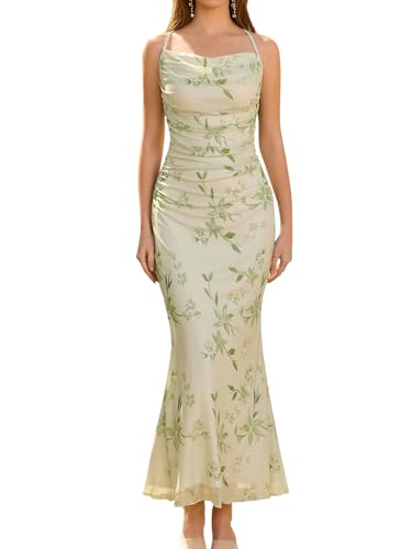 Women's Summer Floral Spaghetti Strap Maxi Dress Sleeveless Ruched Mesh Bodycon Long Wedding Guest Dresses