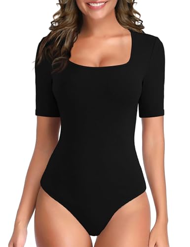 TQD Women's Square Neck Bodysuit Short Sleeve Bodysuit for Women Elbow Sleeve Tshirt Body Suit Top