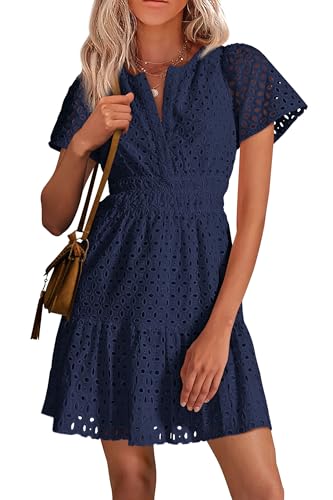 PRETTYGARDEN 2025 Women Summer Short Dress V Neck Short Sleeve A Line Hollow Out Lace Ruffle Cute Casual Beach Party Dresses