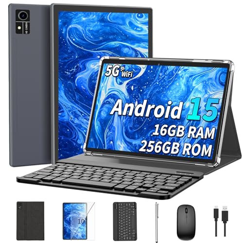 Android 15 Tablet with Keyboard, 16GB??8+8??RAM+256 Storage(Expand to 2TB), 8000mAh Battery, Widevine L1,10 Inch 2-in-1 Tablets with 5G/2.4G WiFi, BT5.0, GMS Certified, with Mouse, Case, Stylus??Black